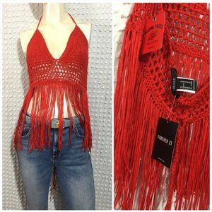 NWT Forever 21 Crochet Halter Top Fringe Red Bohemian Women's Size Small